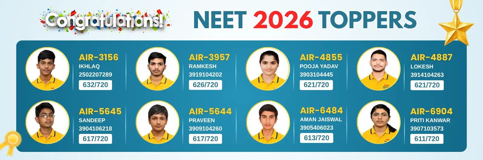 NEET 2026 toppers from Prerna Education featuring AIR 3156, AIR 3957, AIR 4855, AIR 4887, AIR 5644, AIR 5645, AIR 6484, and AIR 6904 with their scores and achievements.